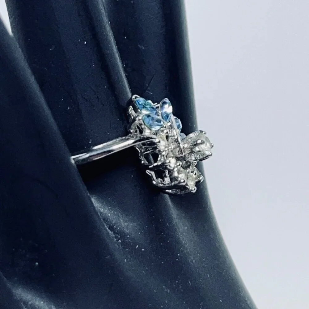 Vintage Silver Tone With Blue and Clear Rhinestone Statement Ring (R386) - Picture 3 of 7